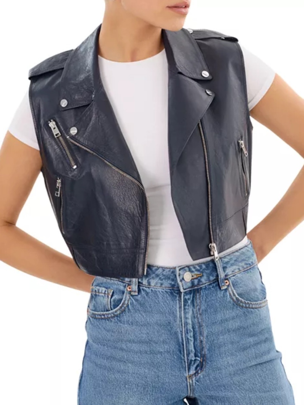 LAMARQUE Amalia Leather Moto Vest Navy Blue Lambskin Cropped Jacket NWT Medium